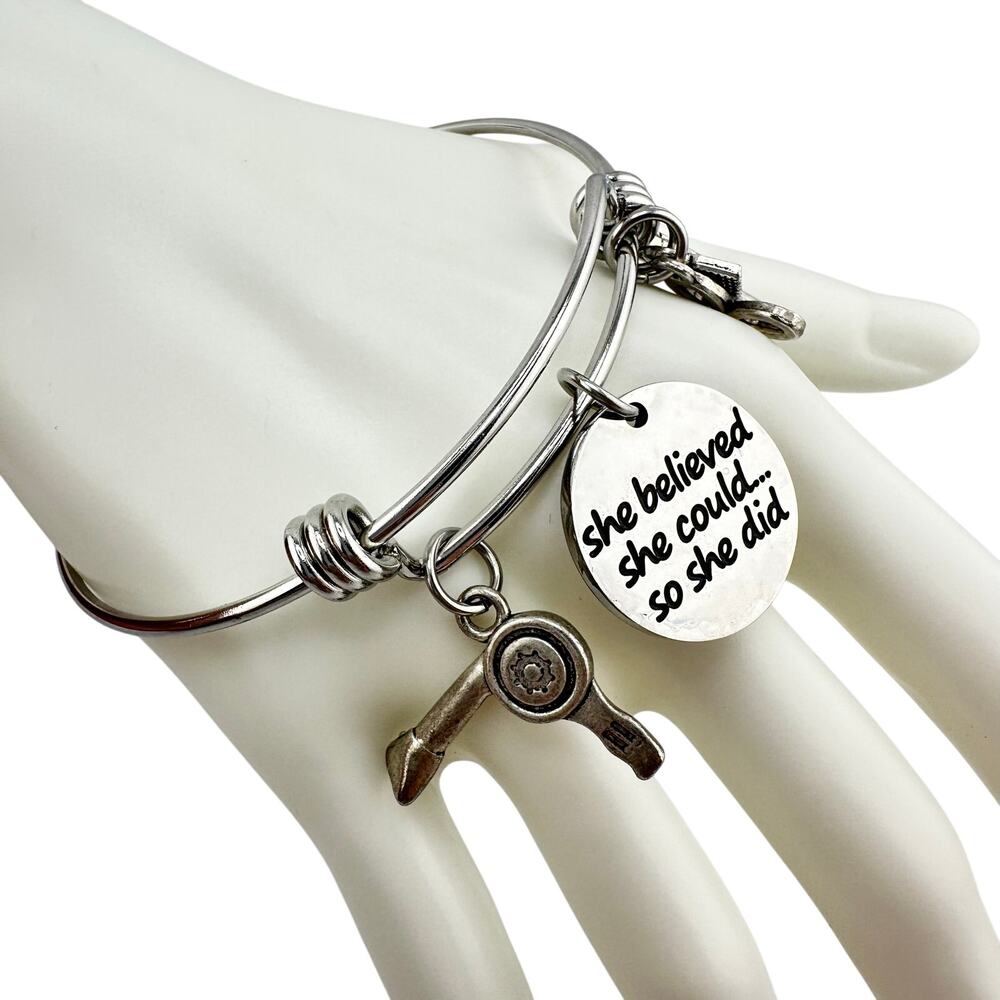 Stylist Hairdresser Salon Inspirational Silver Tone Charm Bangle 7.5" Bracelet